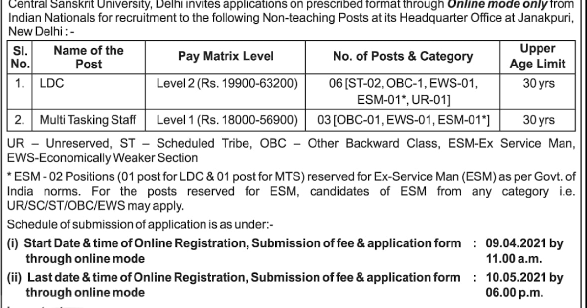 Central Sanskrit University Recruitment 2021 Apply 09 LDC, MTS