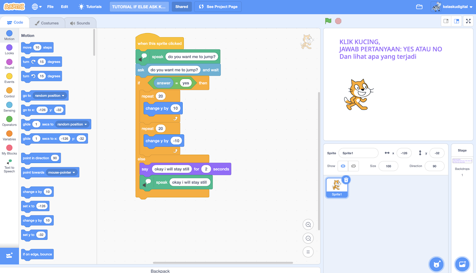 Tutorial IF ELSE di Scratch Programming