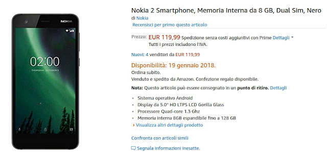 Nokia 2 compare su Amazon Italia: disponibile dal 19 gennaio a 119 euro