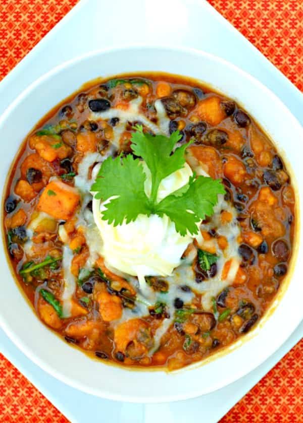 Chicken Sweet Potato Chili is a favorite chili recipe for football season! An easy sweet potato chili to make with chipotle peppers from Serena Bakes Simply From Scratch.
