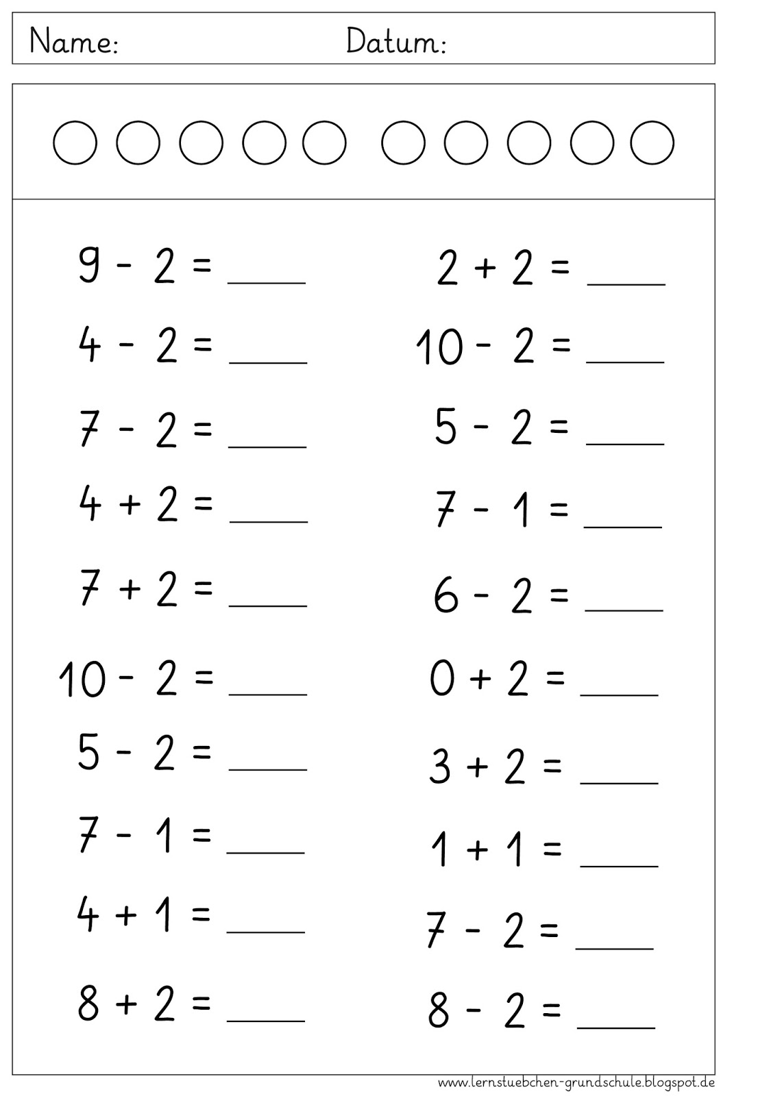 Lernstübchen: im ZR bis 10 nur plus und minus 1 und 2