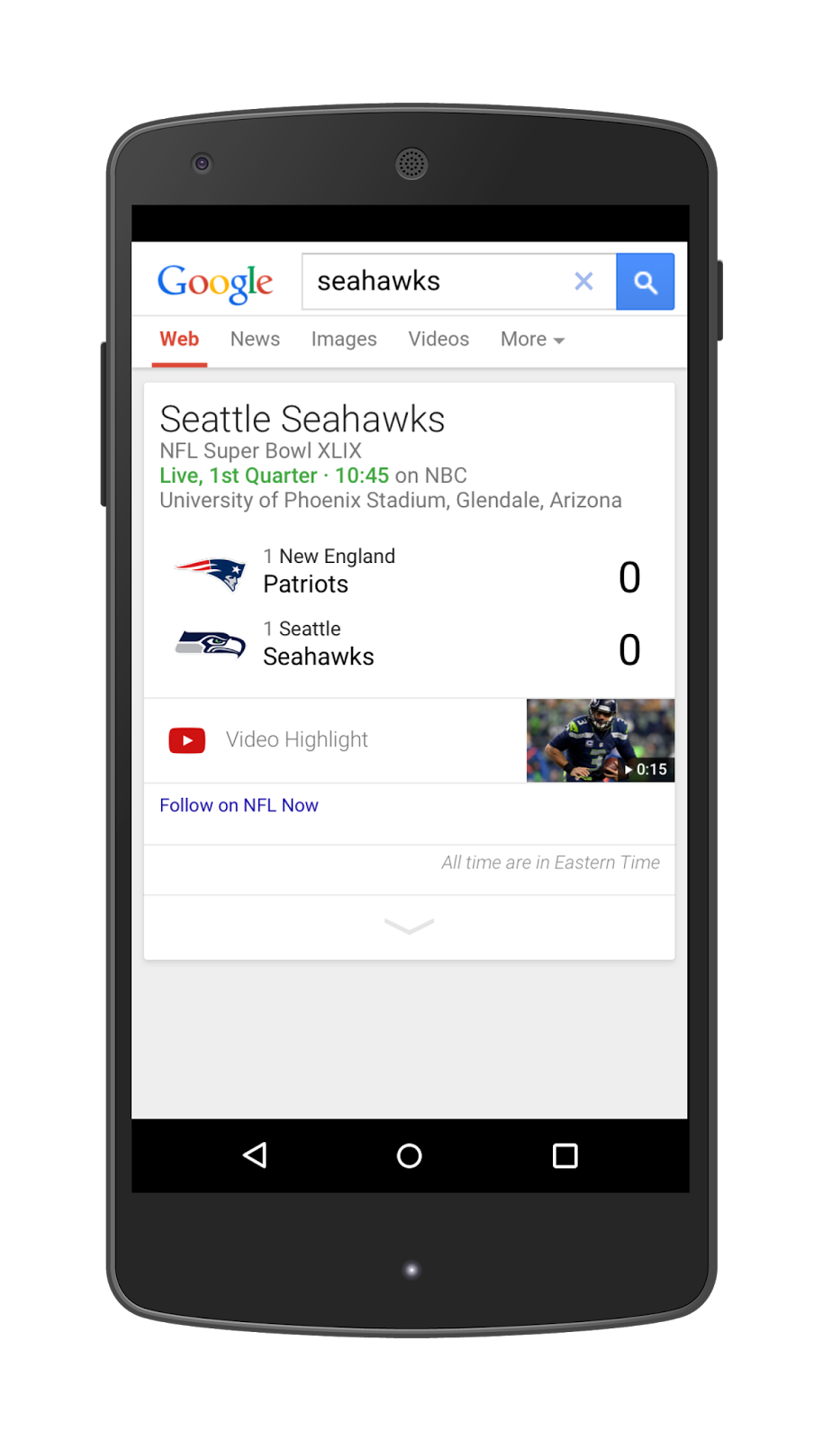 NFL YouTube channel in Google Search on mobile phone