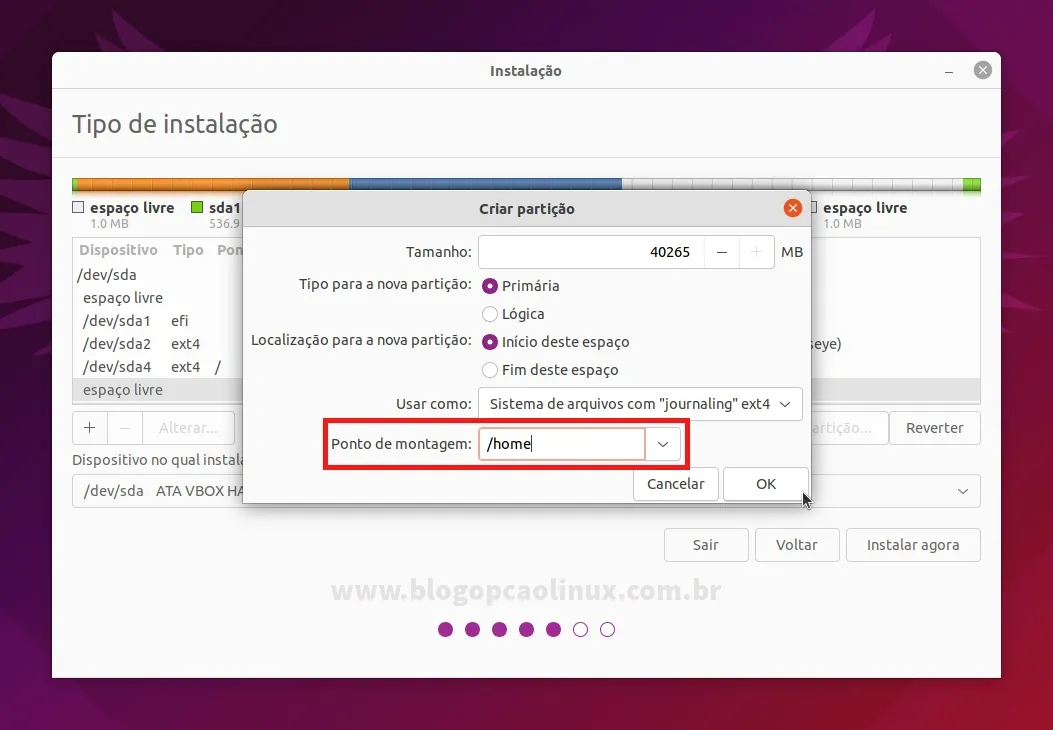 Para criar uma nova partição HOME, defina o tamanho em MB, o sistema de arquivos e o ponto de montagem como /home