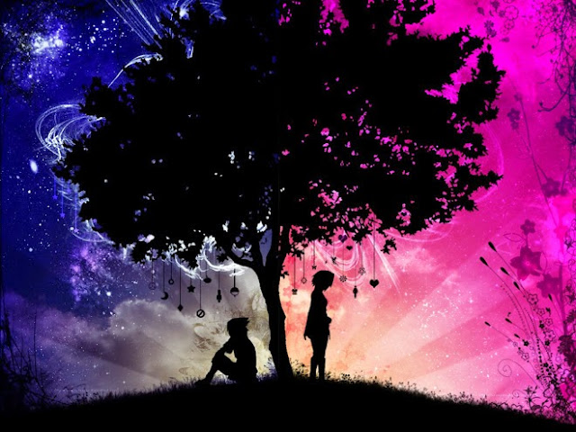 Imagen de un paisaje dibujado, la silueta de un árbol que separa la imagen en dos y de un lado la silueta de un chico sentado y del otro la silueta de una chica de pie. 
