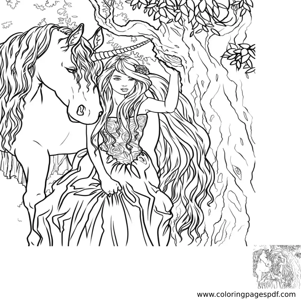 Coloring Page Of A Woman Walking With Her Unicorn