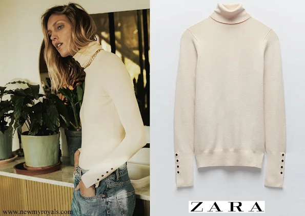 Crown Princess Mary wore Zara Turtleneck sweater with long sleeves with false metal button trim