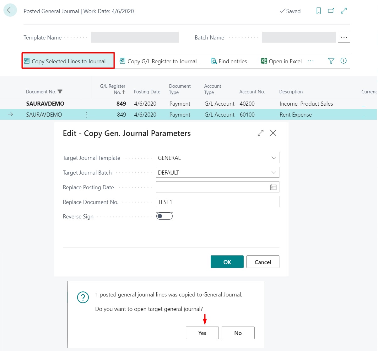 msdyn365bc Copy journal function on Posted General Journals.