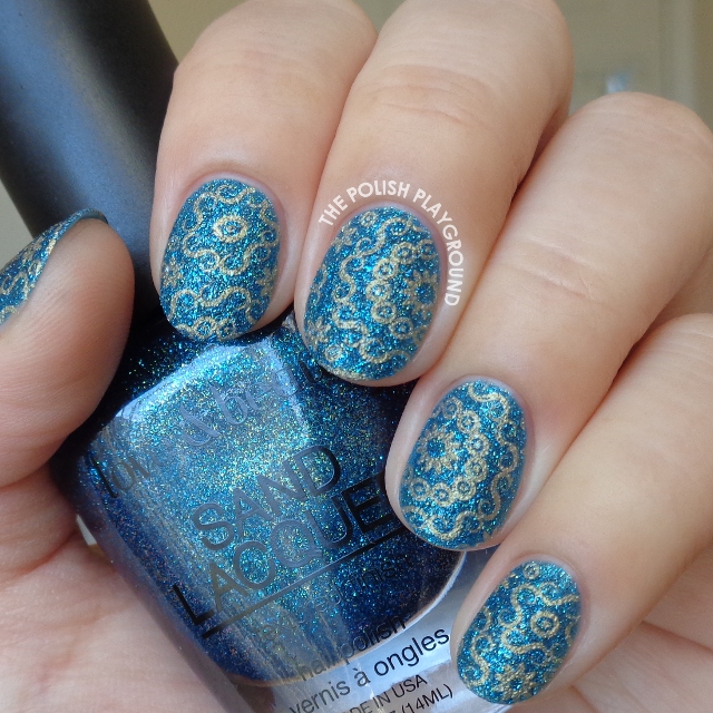 Dark Blue Texture with Gold Circular Stamping Nail Art