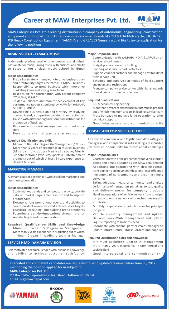 Career at MAW Enterprises Pvt. Ltd. Jobs in Nepal