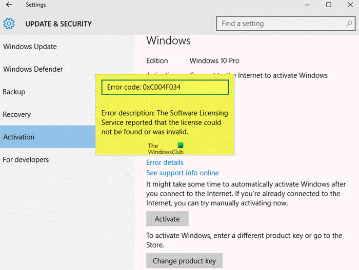 Código de error de activación de Windows 0xc004f034