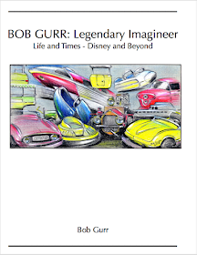 A white book cover with title and numerous Bob Gurr designed vehicles such as monorails, submarines and cars