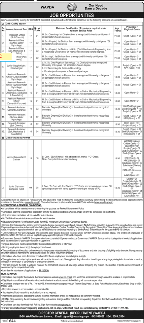 Pakistan Water And Power Development Authority Research Officer Jobs 2020