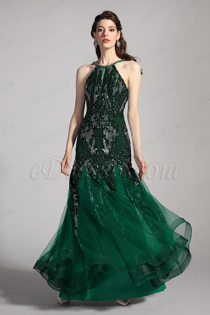Green Halter Shiny Sequins Tulle Party Evening Dress