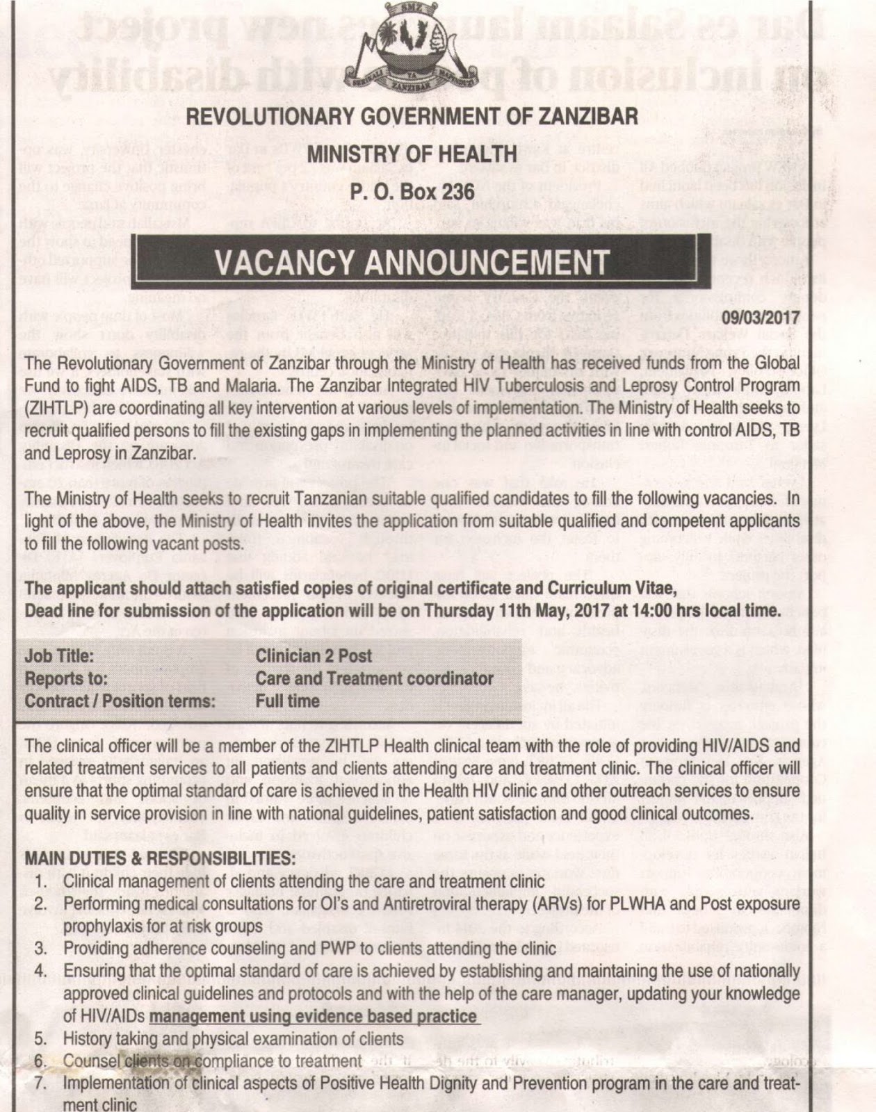 JOB OPPORTUNITIES AT REVOLUTIONARY GOVERNMENT OF ZANZIBAR MINISTRY OF