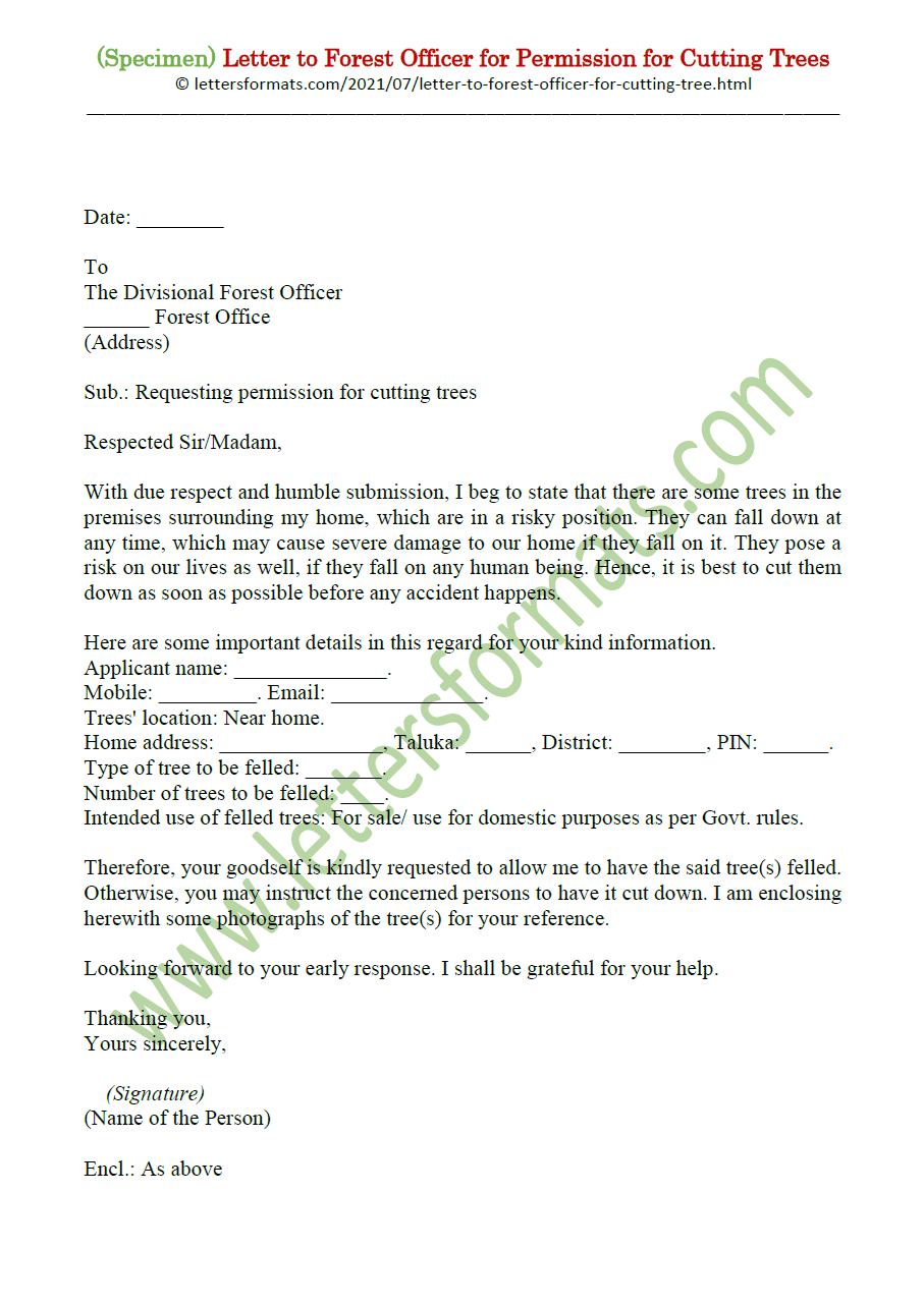 Sample Letter to Forest Officer for Permission for Cutting Trees