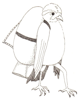 ink drawing of bird with an egg rocket