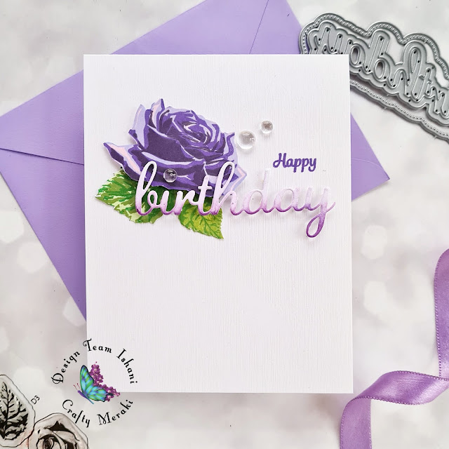 CAS Birthday card, Crafty Meraki Rose garden layering stamp, floral card, purple rose card, Rose Birthday card, Quillish