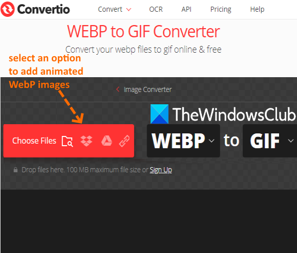 Сервис Convertio с четырьмя вариантами добавления анимированных изображений webp