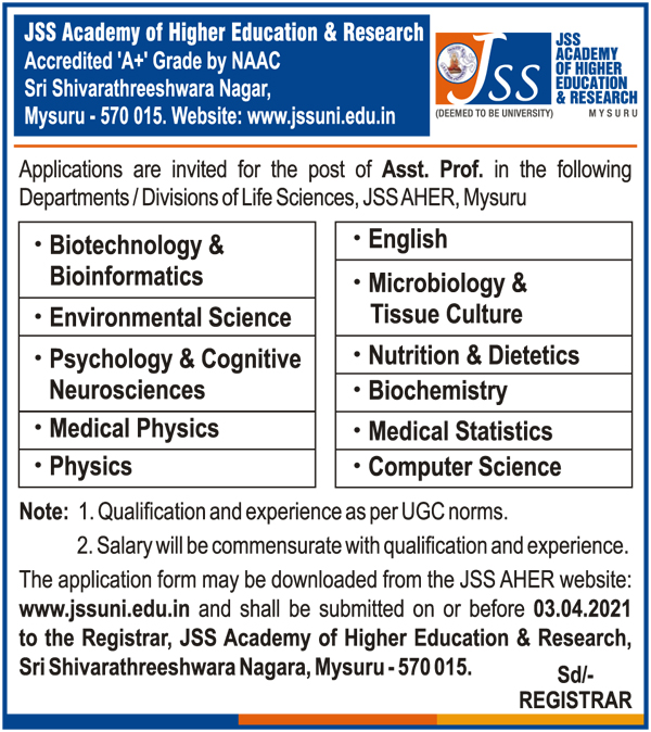 JSS Mysuru Faculty Jobs in Biotech/Life Sciences