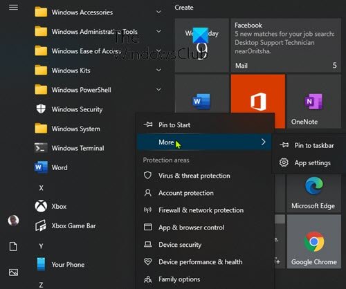 작업 표시줄 및 시작 메뉴-1에 고정을 통해 Windows 보안 열기