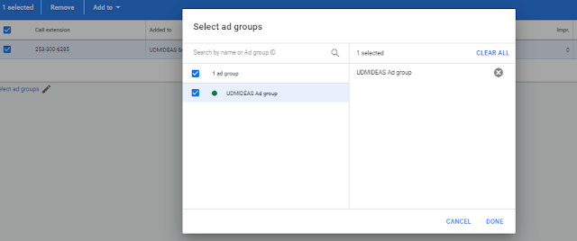 Add Call extension to the udmideas Google Add group
