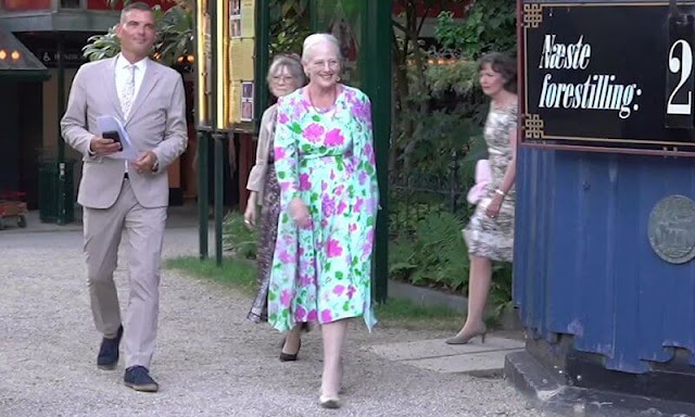 Queen Margrethe wore a green floral print chiffon dress, Princess Benedikte wore a red floral patterned dress