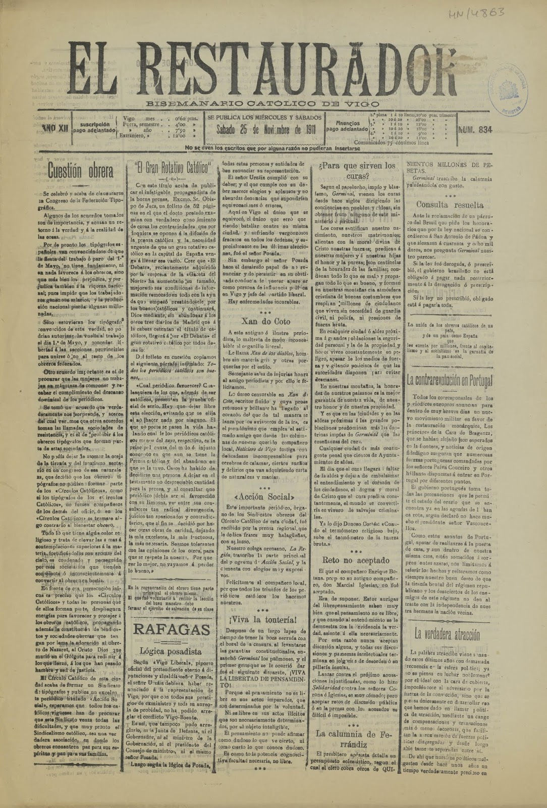 «El Restaurador», periódico carlista de Vigo