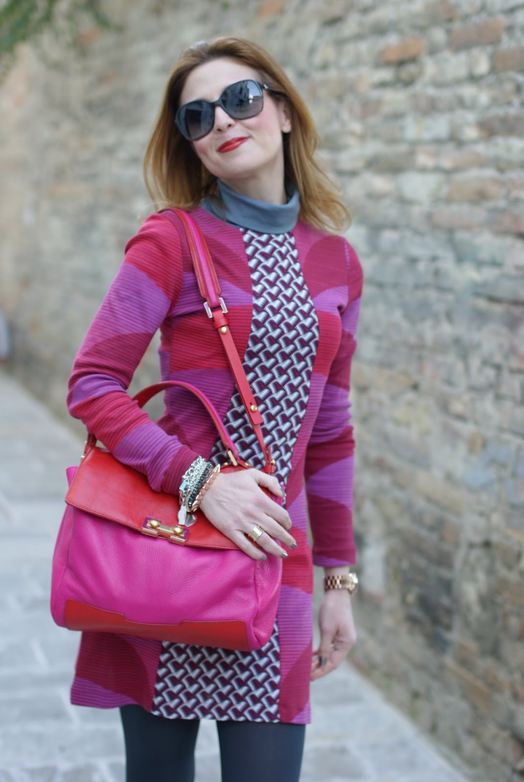 Fuchsia and red mini dress, taupe boots | Fashion and Cookies - fashion ...