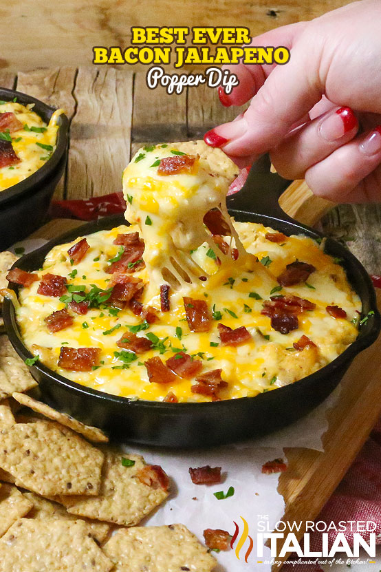 titled image (and shown in cast iron pan): Bacon Jalapeno Popper Dip