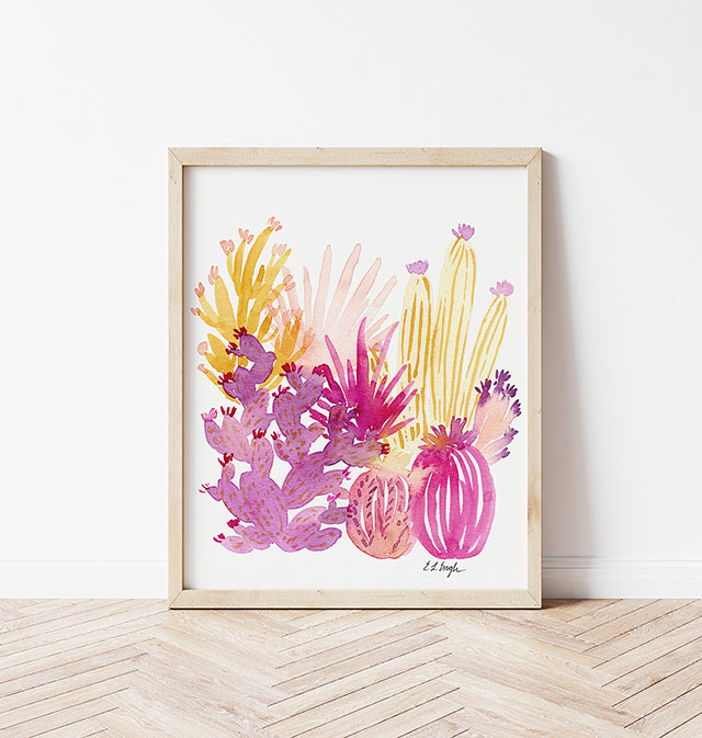 Original Watercolor Cactus in pink