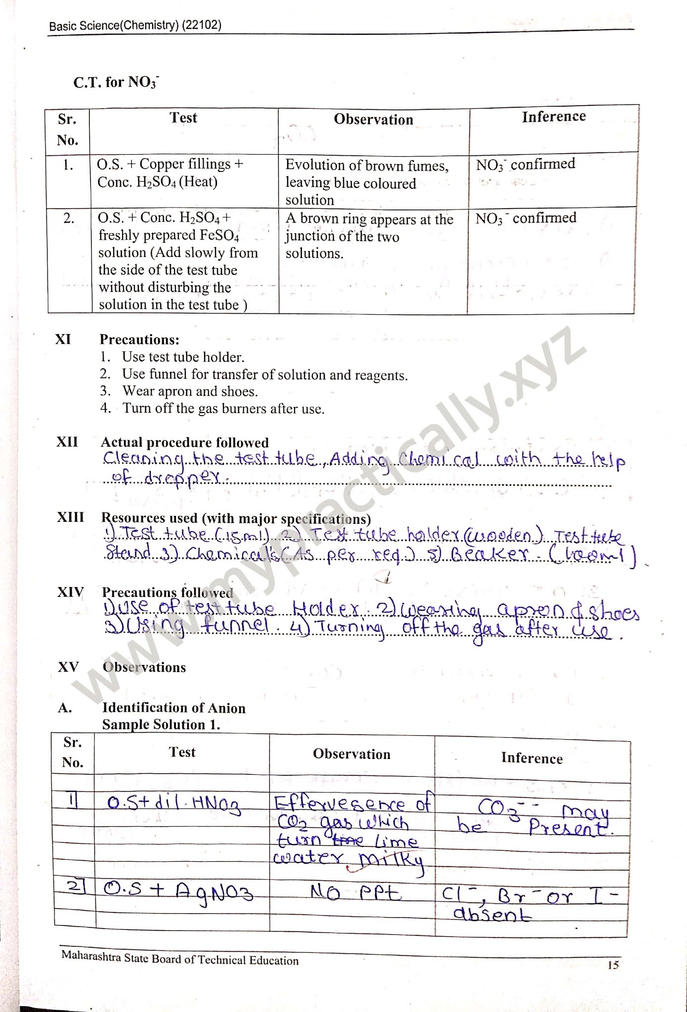 Identification of Anions Practical Answers Chemistry Answers First Year