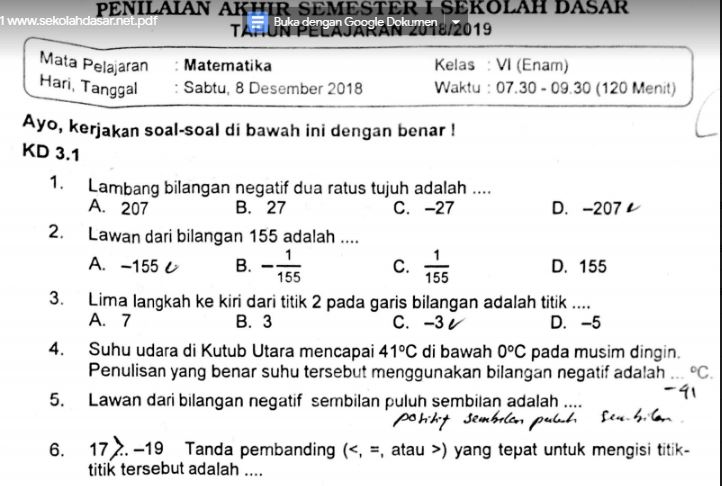 Soal Tes Formatif Matematika Sd