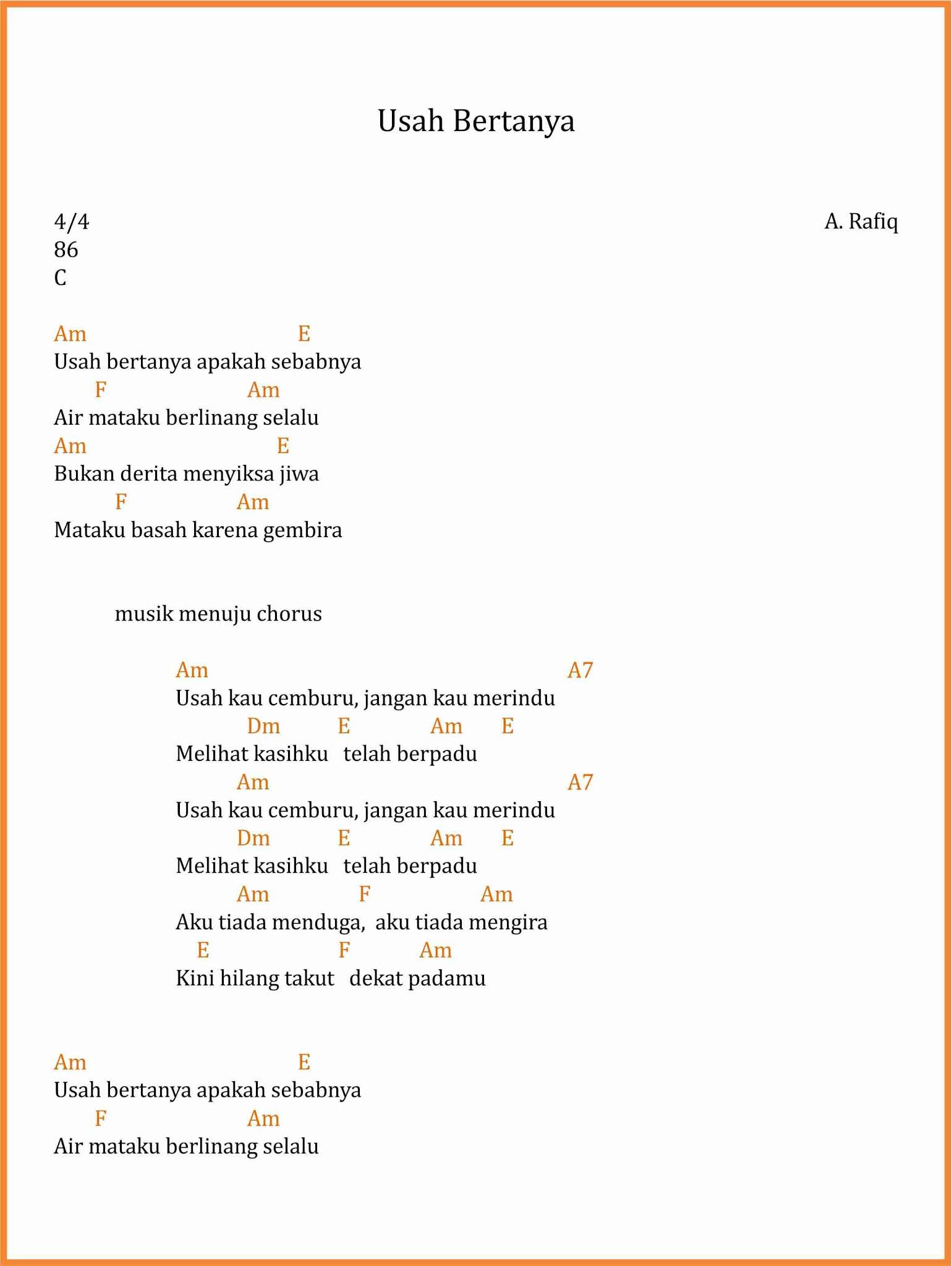 Chord Lagu Usah Bertanya A Rafiq Sekitar Musik