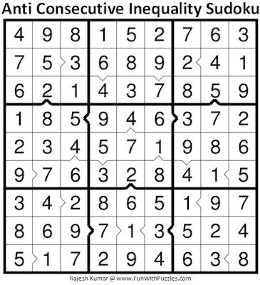 Answer of Anti Consecutive Inequality Sudoku Puzzle (Daily Sudoku League #227)