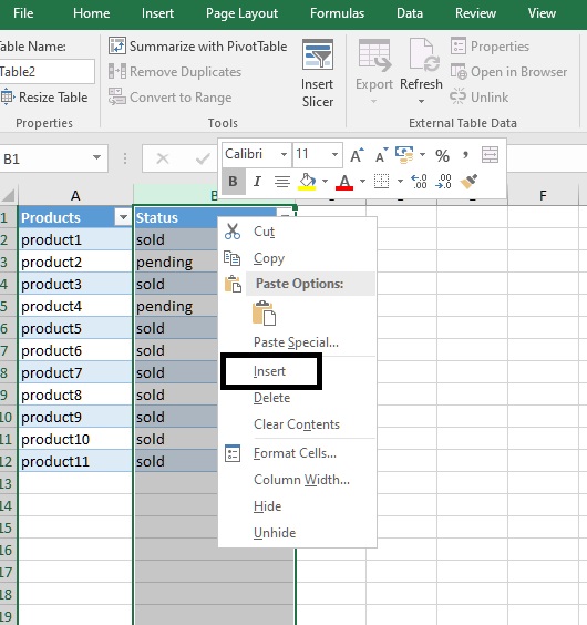 Create table in excel
