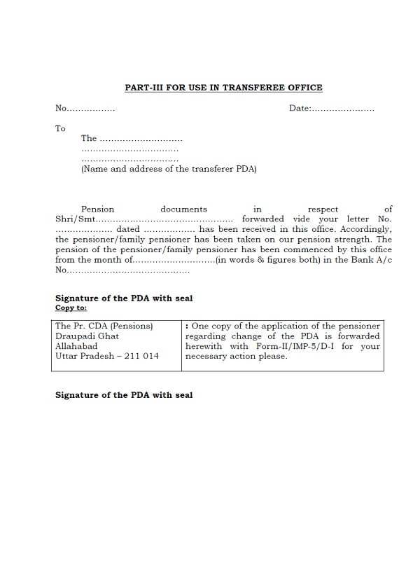 EXSERVICEMEN WELFARE PCDA Circular 206 Transfer of pension account