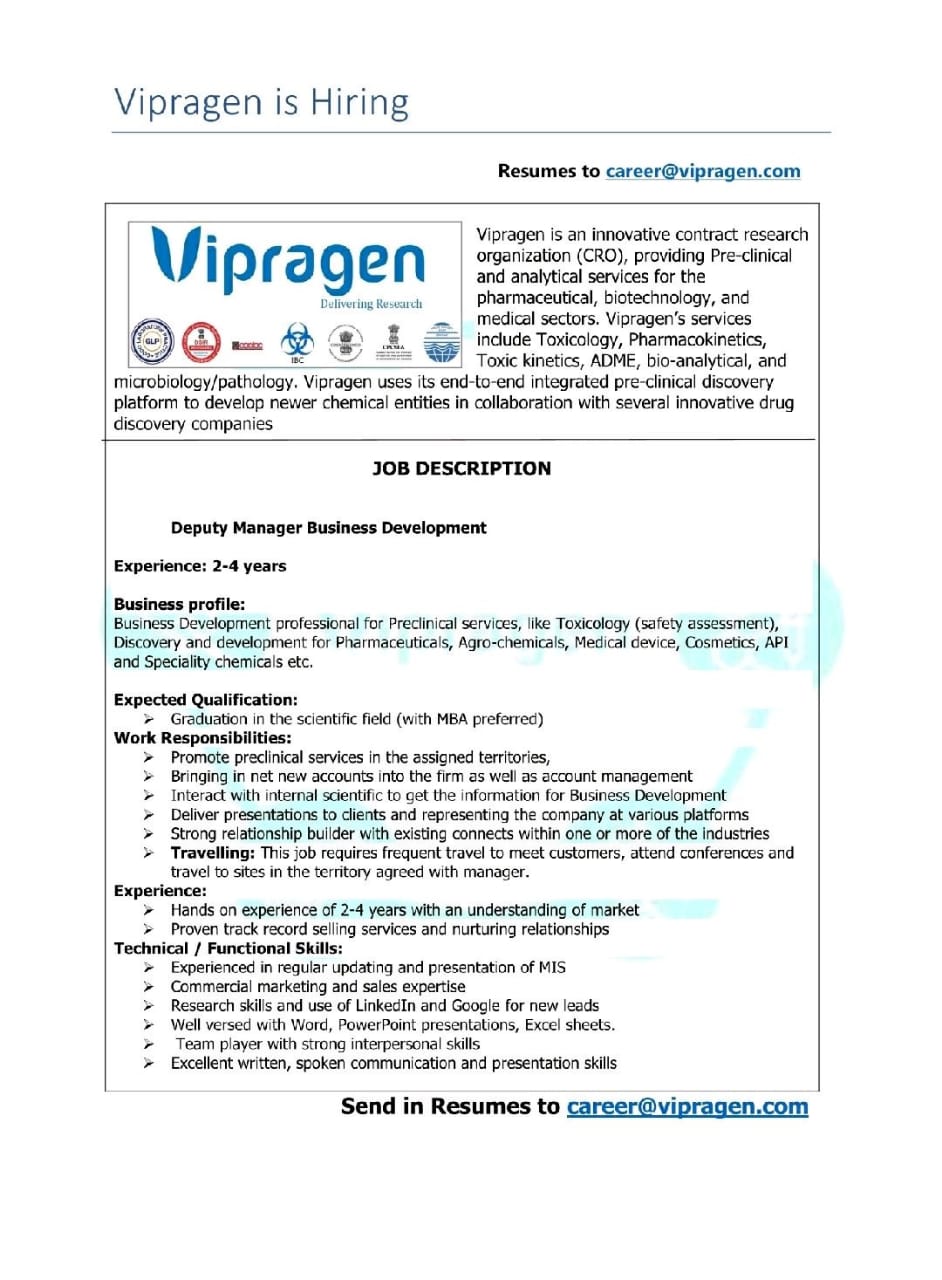 Vipragen delivering research jobs for Business Development apply now