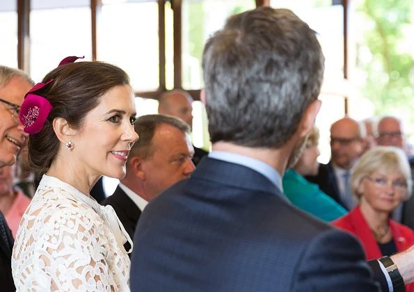 Crown Princess Mary wore Temperley London Berry lace neck tie dress and Prada Pumps. Naledi Clutch. 50th birthday celebrations of Prince