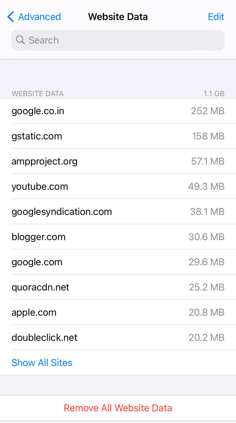 Delete only website data on Safari