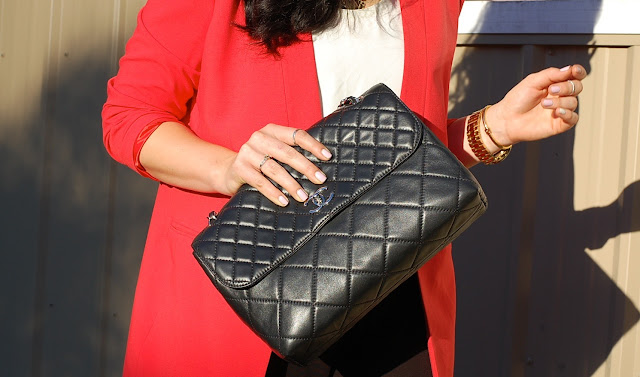 Red BCBGmaxazria blazer, H&M harem pants, Chanel ITB bag, T.Babaton tank top and Prabal Gurung for Target cage heels.