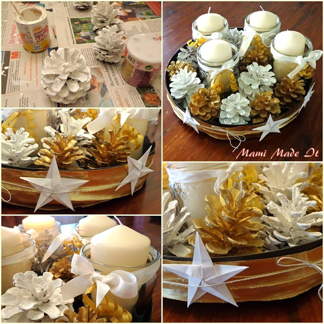 Adventkranz - DIY mit Kerzen im Glas, Bänder und Zapfen - Adventwreath DIY with candles in jars, ribbons and cones