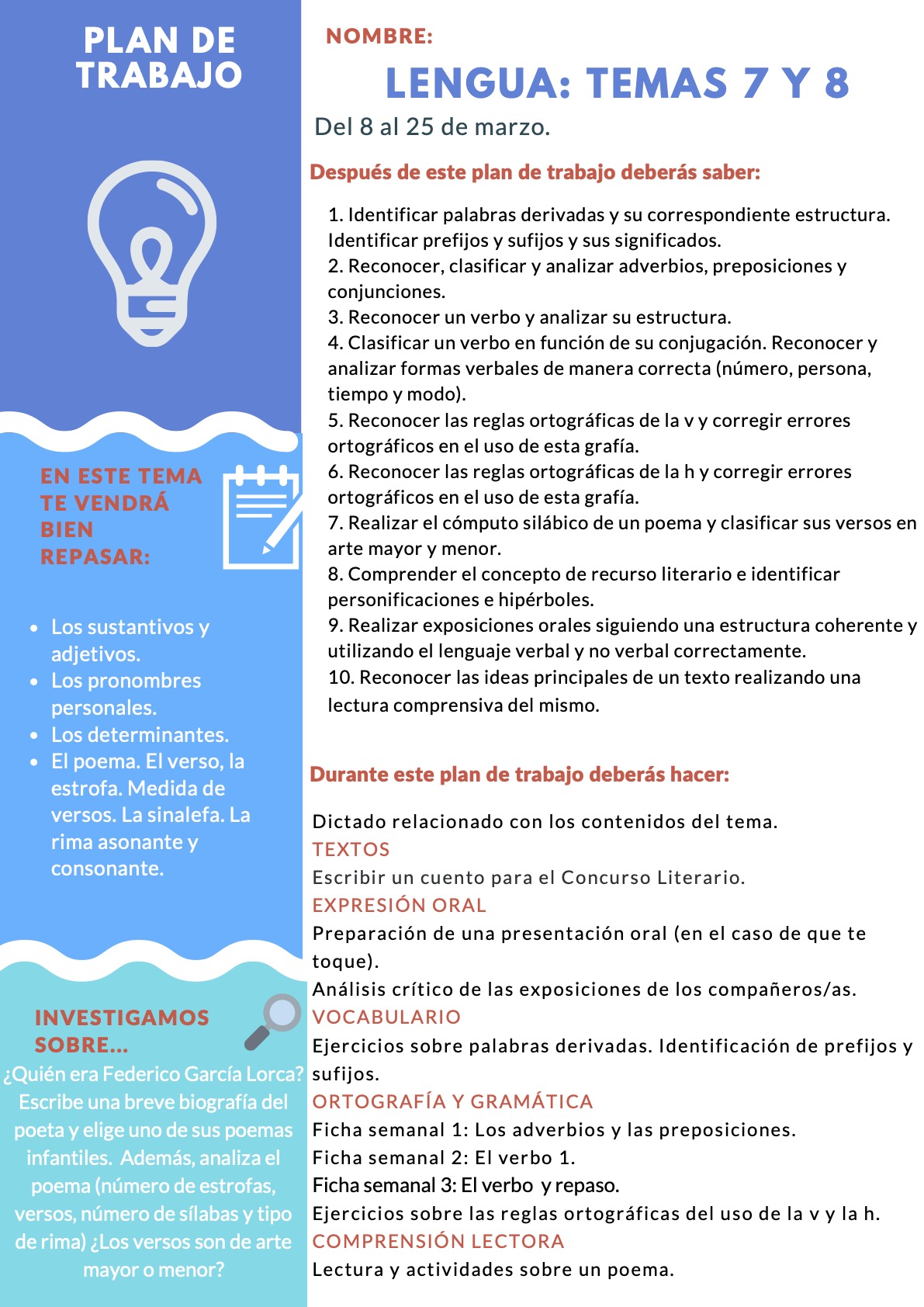 Plan de trabajo de Lengua 7 y 8 Quinto Delibes