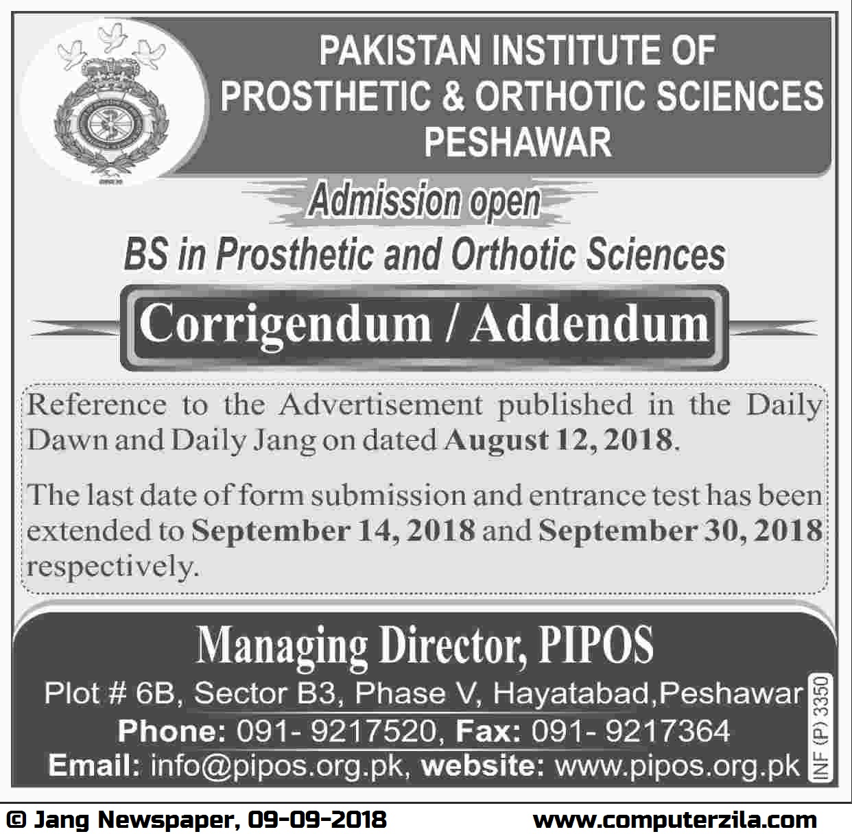 Admissions Open For Fall 2018 At PIPOS Peshawar Campus