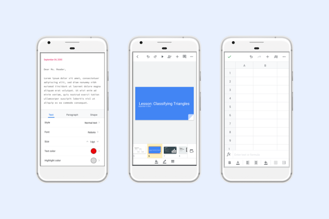 Screenshots of Google Docs, Slides, and Sheets with the Material redesign. 