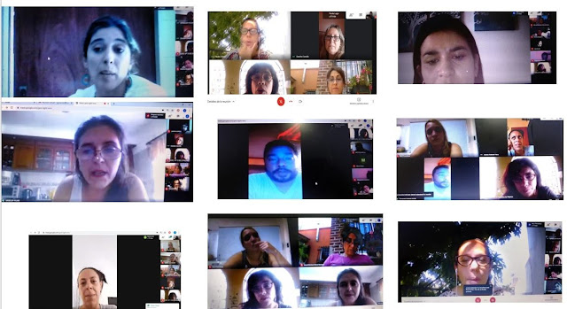 se ve una captura de pantalla que contiene rostros de muchas docentes conectadas en una reunión virtual