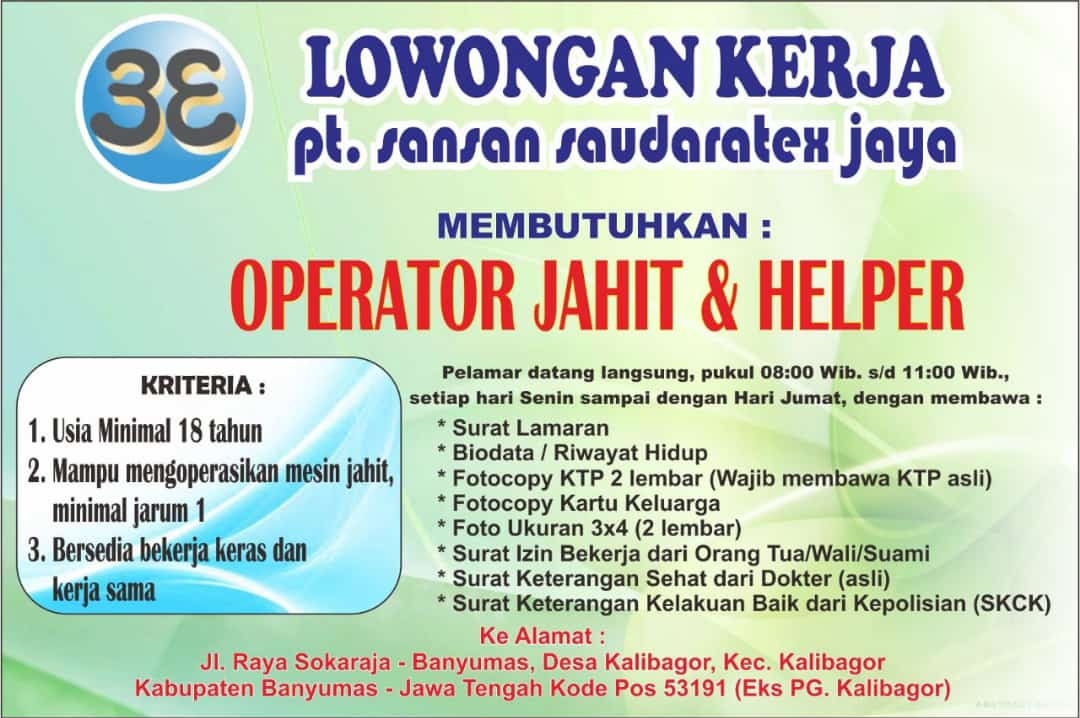 Lowongan Kerja Pt Sansan Saudaratex Jaya Sokaraja Info Loker Purbalingga