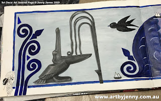 Acrylic painting by Jenny James of pelicans for an Art Deco themed journal page