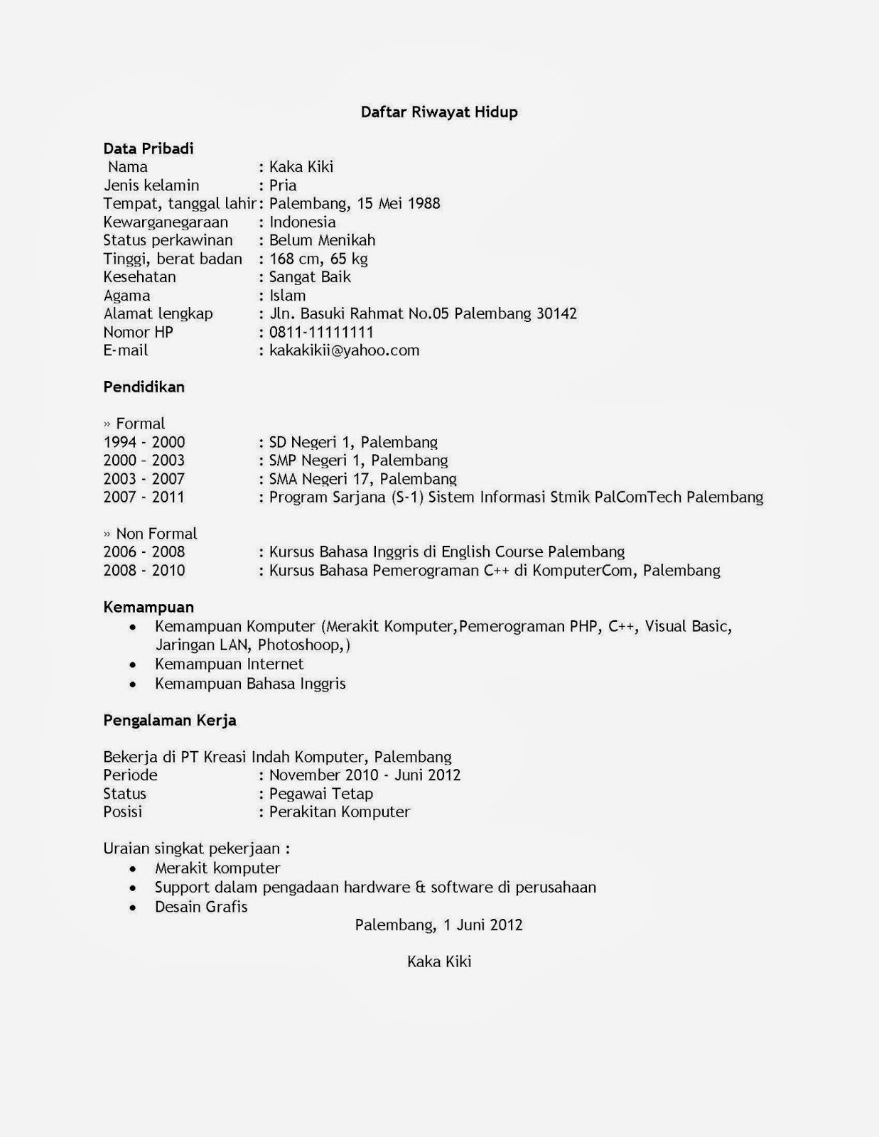 Contoh Daftar Riwayat Hidup - Contoh Surat Untuk Lamaran