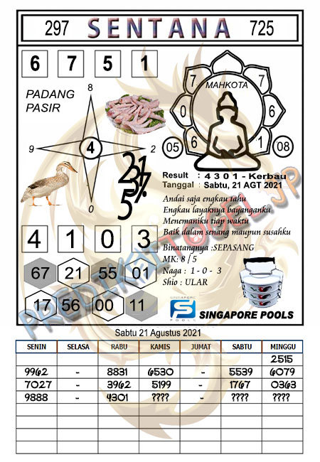 Syair Sentana SGP Hari Ini Sabtu 21-08-2021