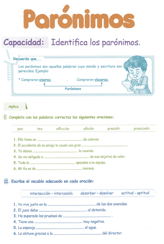 Parónimos para niños 5° Grado Primaria | Razonamiento Verbal